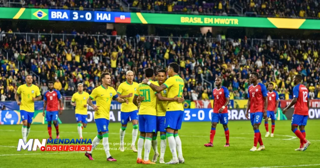 Seleção Brasileira busca vitória decisiva contra Haiti 1 Jogadores da Seleção Brasileira celebrando um gol decisivo contra o Haiti