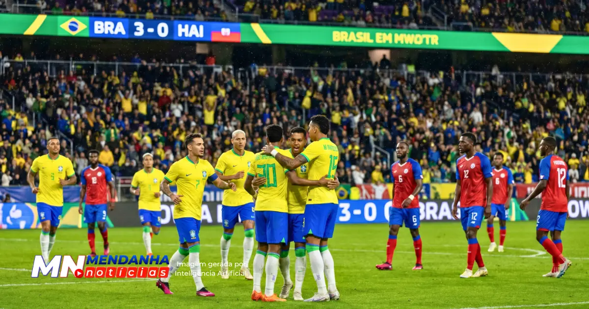 Jogadores da Seleção Brasileira celebrando um gol decisivo contra o Haiti